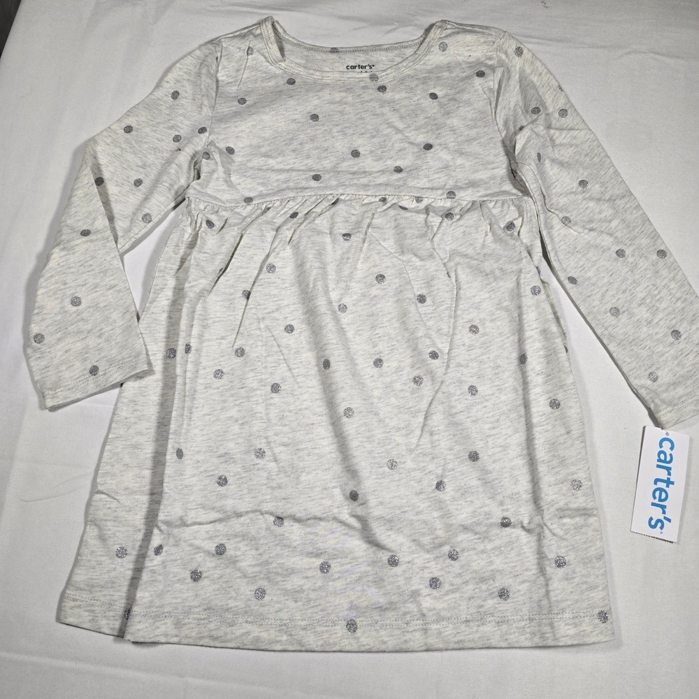 Carters Girls Gray Heather Silver Glitter Polka Dot Long Sleeve Dress Size 5T